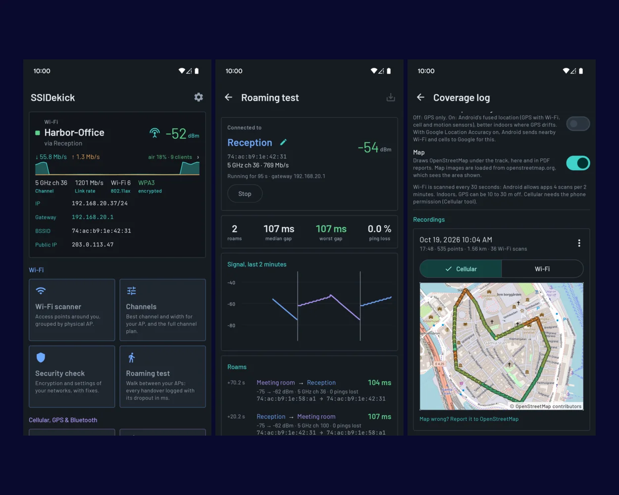 SSIDekick: the start page, a roaming test and a coverage map