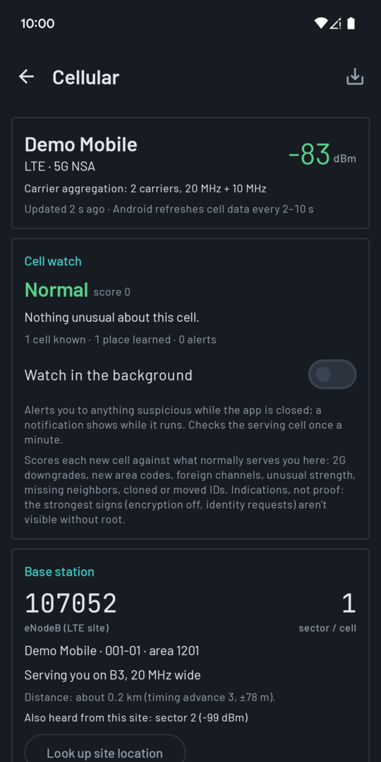 Cellular: serving cell, signal and cell watch
