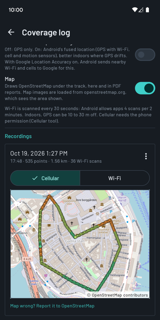 Coverage log: a walk drawn over a map, colored by signal