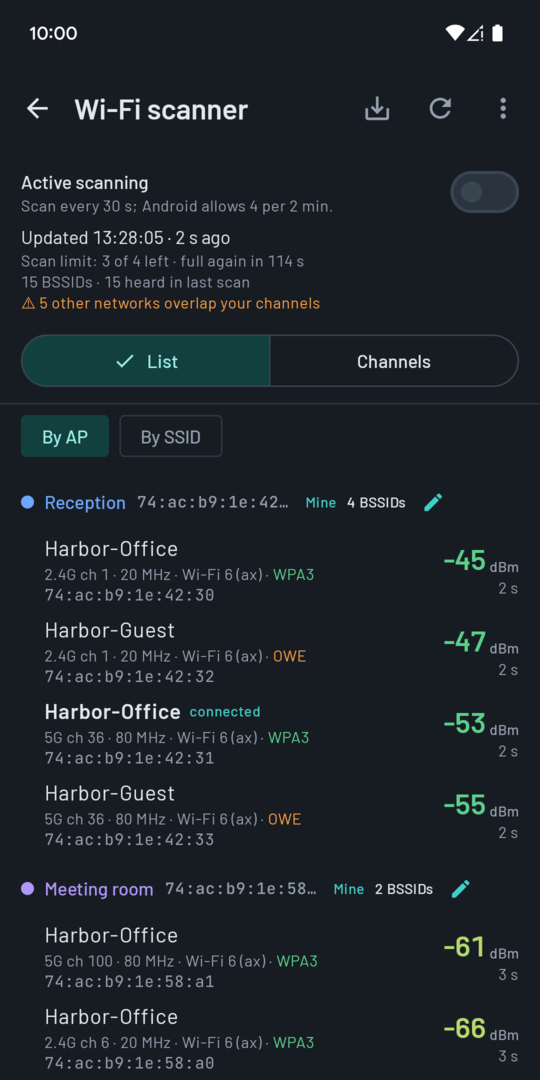 Wi-Fi scanner listing access points grouped by physical AP