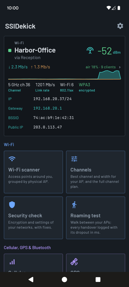 SSIDekick start page: the connection readout at the top, then the Recent row and tool tiles grouped under headings
