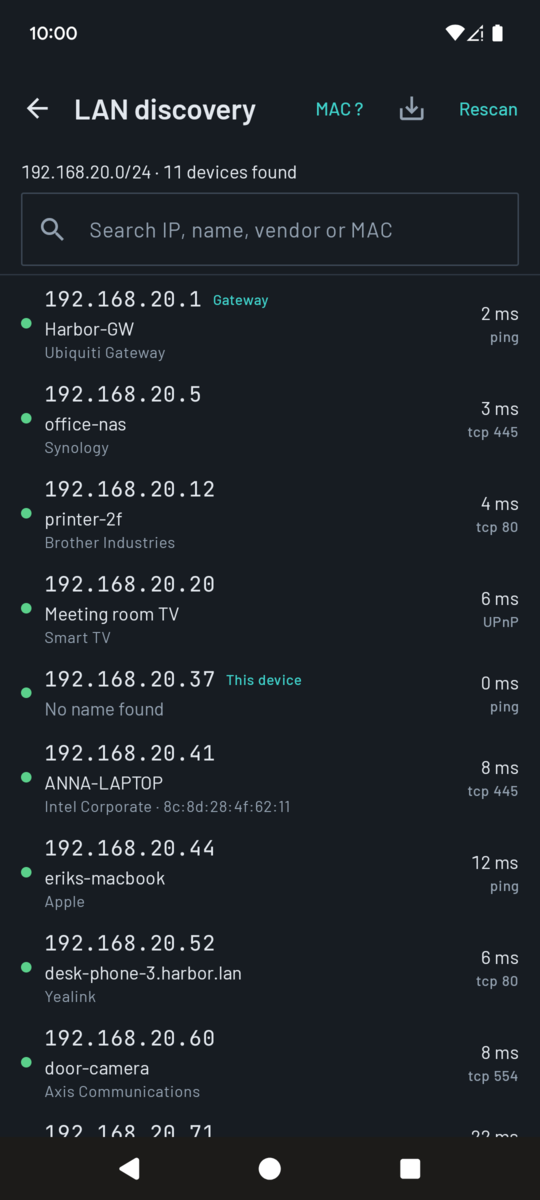 LAN discovery: the subnet with a count of devices found, then each device with name, maker, IP address and response time