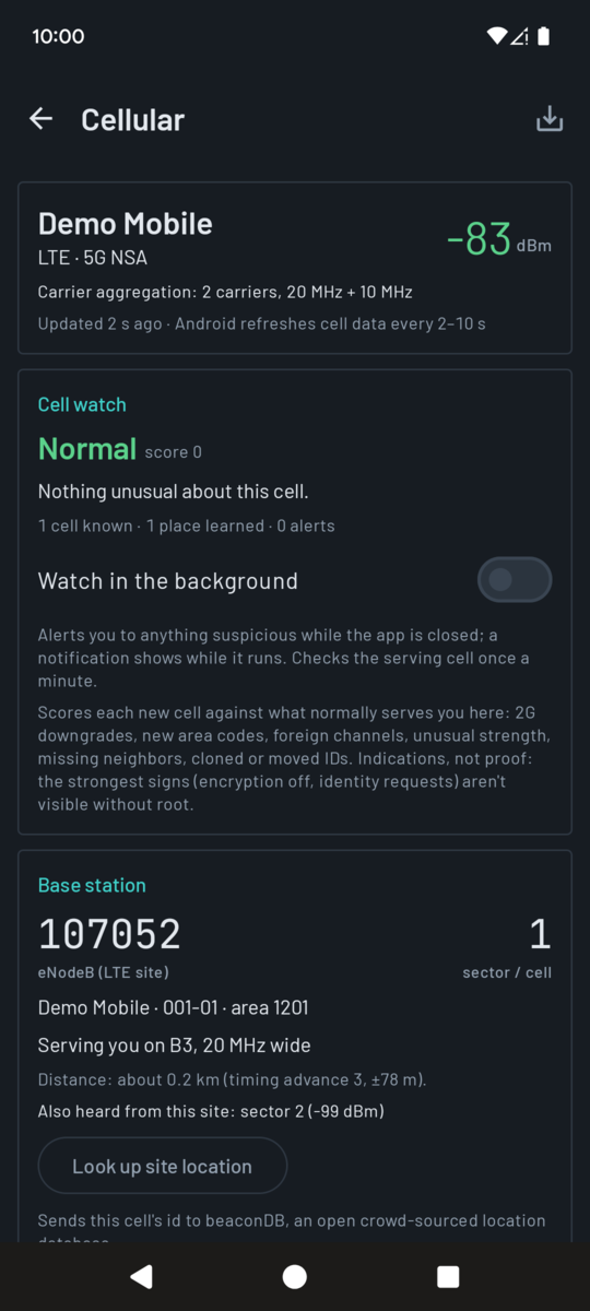 Cellular screen: operator and network type, signal, the serving cell's identity and quality bars