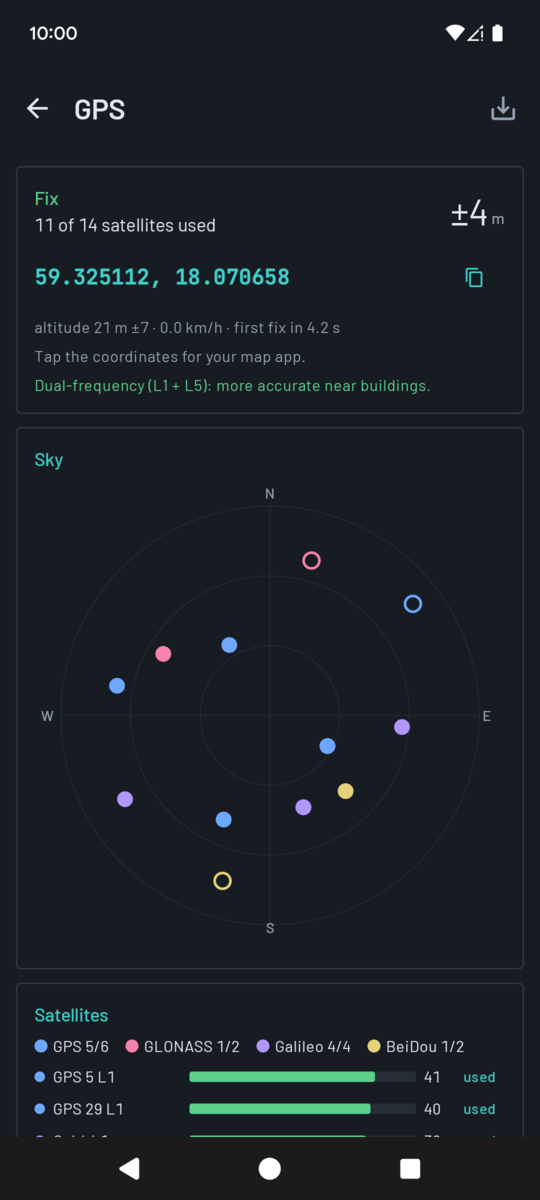 GPS screen: fix with accuracy, sky plot of satellites, and signal per satellite