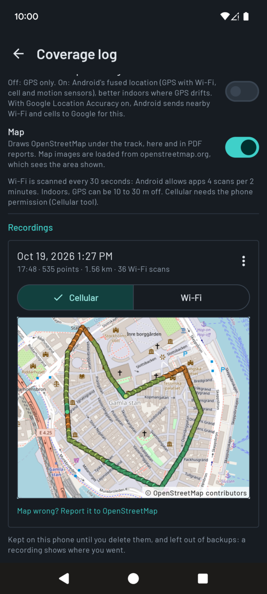 Coverage log: a recorded walk drawn over a street map, points colored green to red by signal, some shown as rings