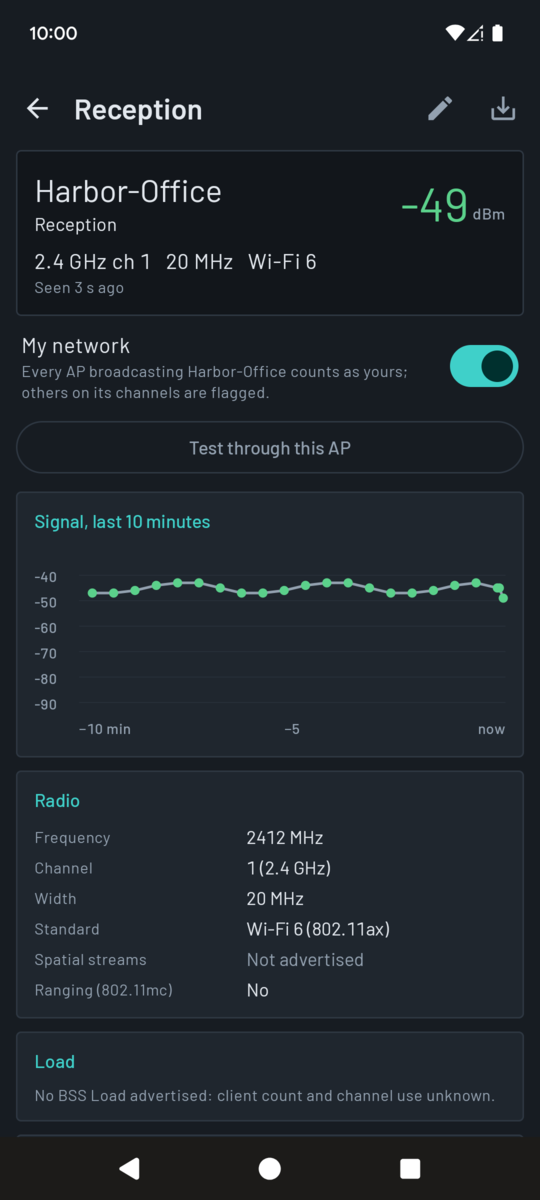 Access point details: name, signal, My network switch, signal history and the Radio and Load panels