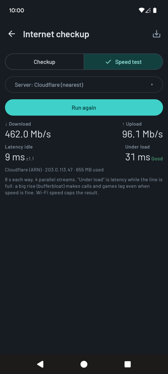 Speed test result: download and upload in Mb/s, idle latency and latency under load with a bufferbloat grade